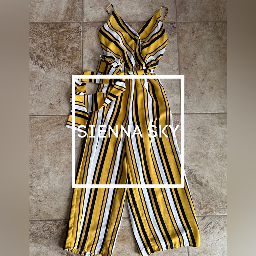 Sienna Sky Spaghetti Strap Yellow Striped Jumpsuit